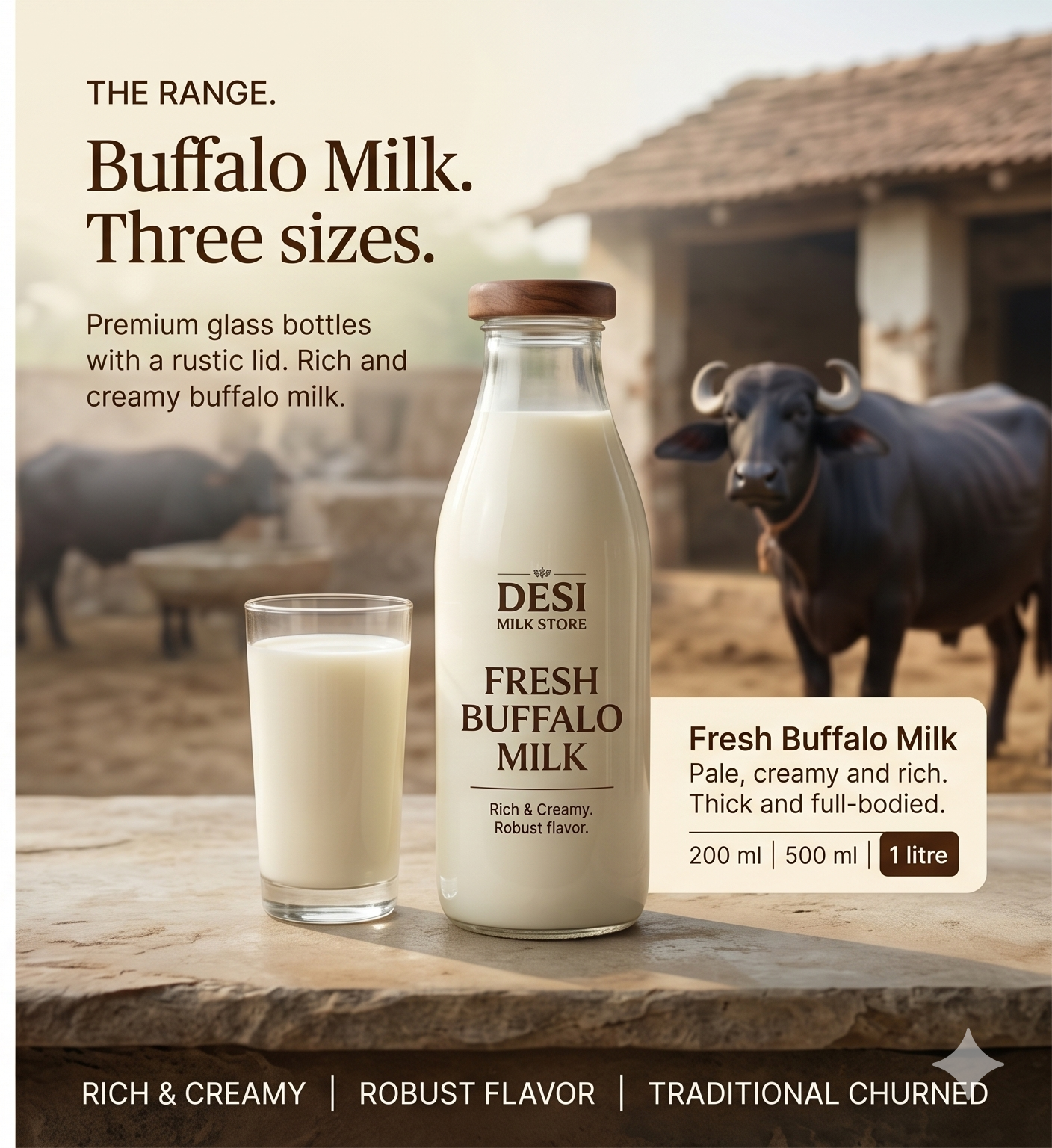 Buffalo milk range — rich and creamy buffalo milk in a premium glass bottle, available in 200 ml, 500 ml and 1 litre