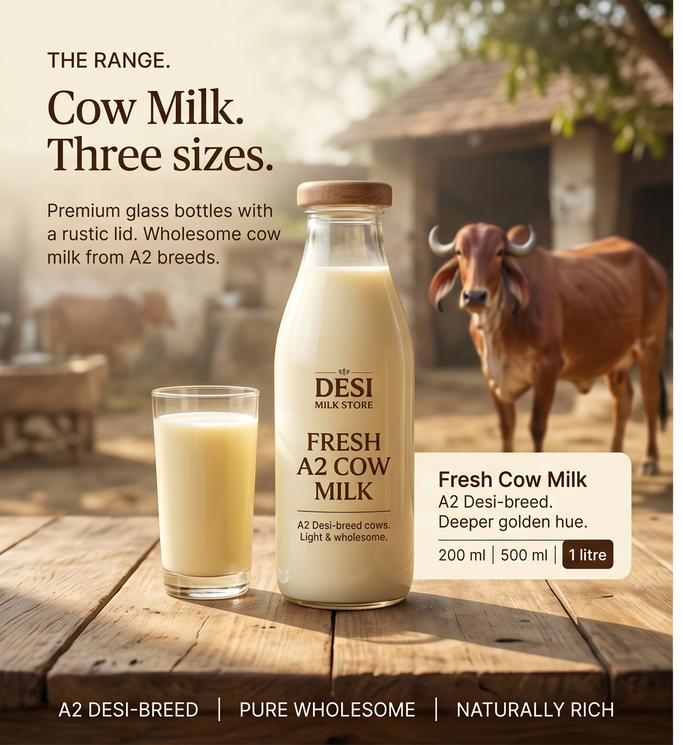 Cow milk range — fresh A2 cow milk in a premium glass bottle, available in 200 ml, 500 ml and 1 litre
